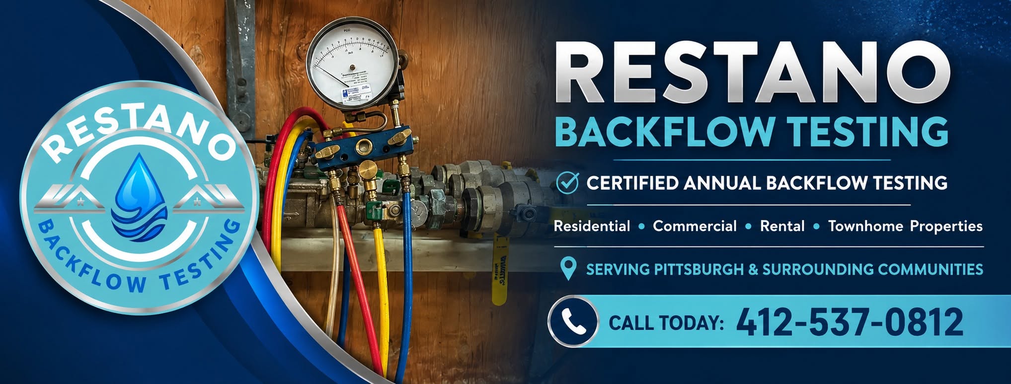 Restano Backflow Testing certified annual backflow testing for residential, commercial, rental and townhome properties in Pittsburgh and surrounding communities. Call 412-537-0812.