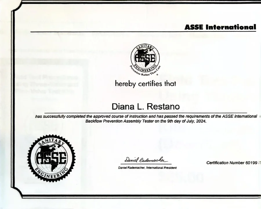ASSE International certificate issued to Diana L. Restano