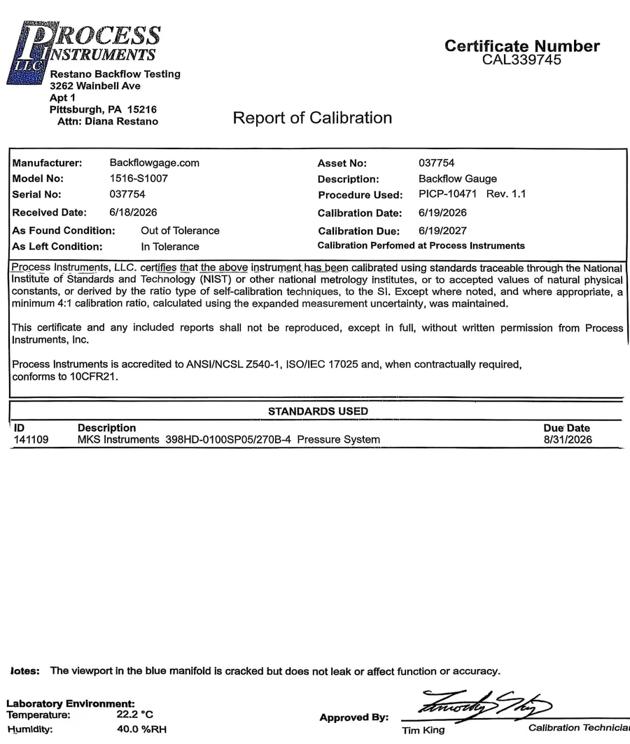 Calibration certificate for the backflow testing gauge